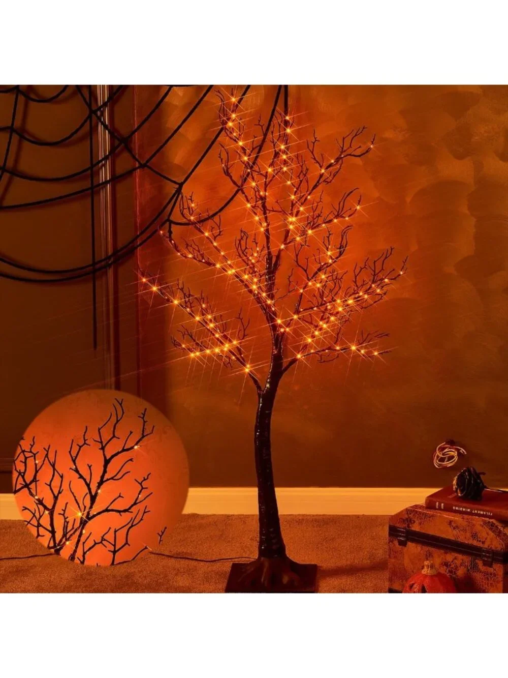 Spooky 4FT Halloween Tree Lights - 150 Orange LED, Plug-In Black Outdoor Decor